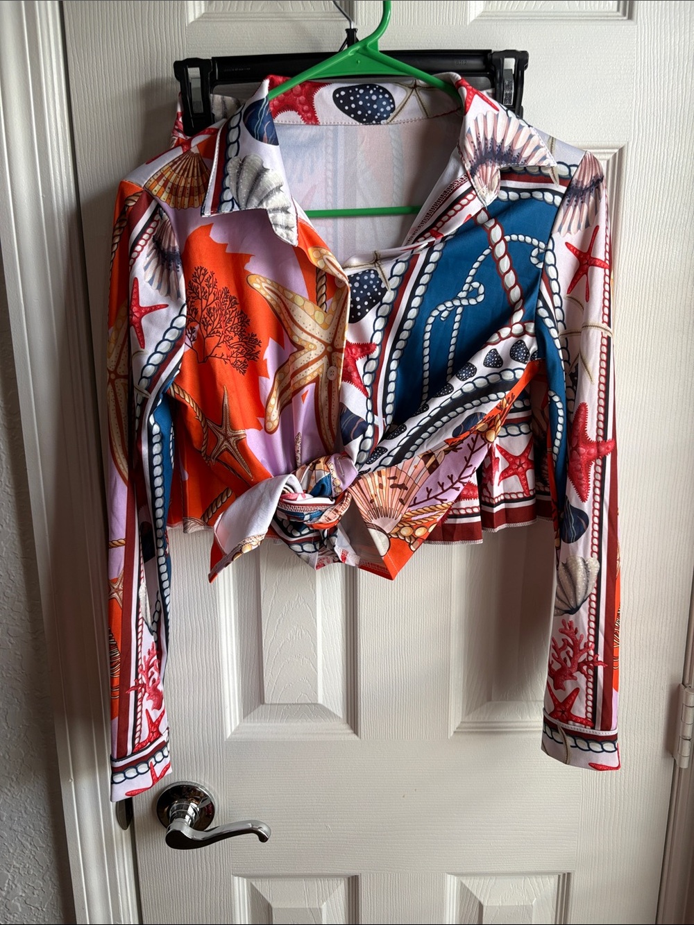 Women’s Seashell Print Tie-Front Blouse Skirt Set- Orange & Blue